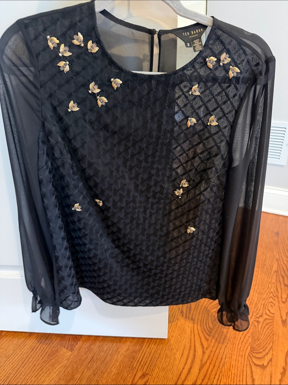Ted Baker Black Sheer-Sleeve Top with Gold Embellishments